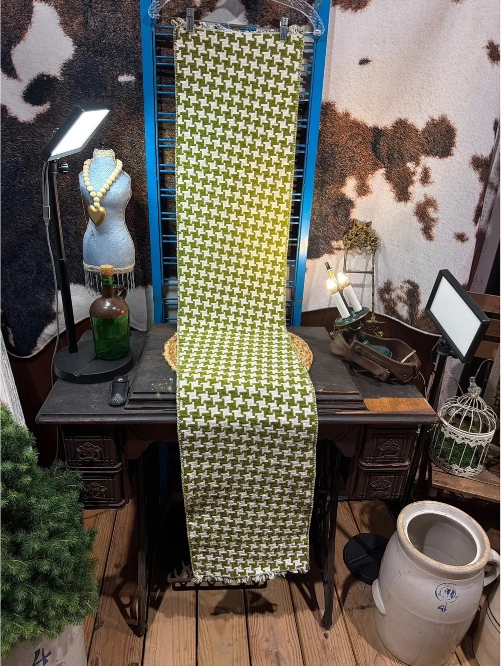 Vintage Olive Green and Cream Houndstooth Table Runner